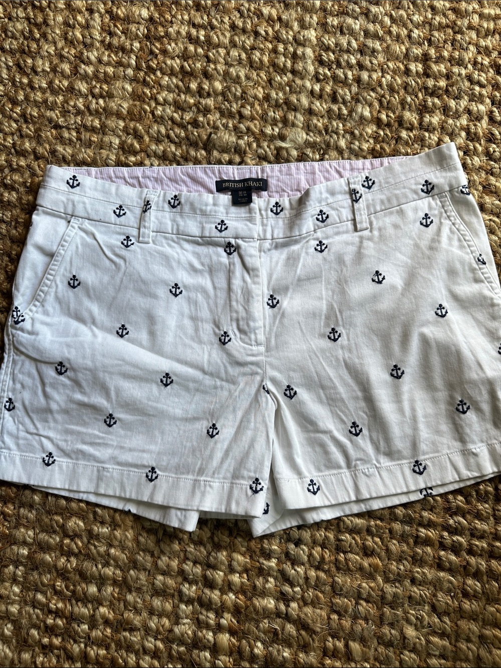 British Khaki White Shorts with Navy Anchor Embroidery Size 10